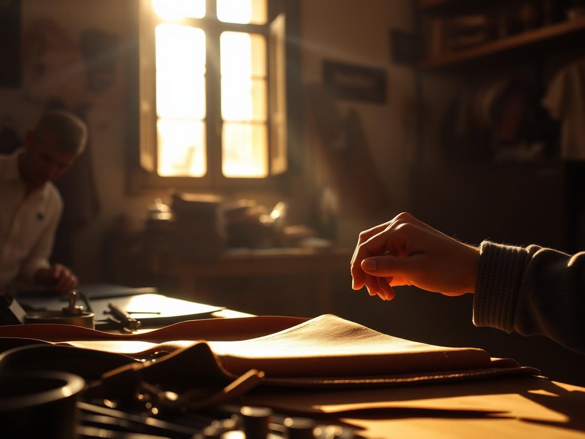 Artisan hands working leather in a sunlit Tuscan atelier